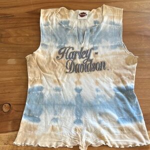 Harley-Davidson Women's Blue and Tan Tie-Dye Tank Top